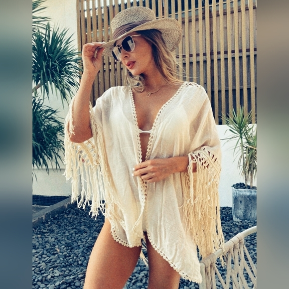 New Boho Chic Crochet Fringe Tassel Cover Up Kimono Cardigan Beige Tan - Picture 6 of 8